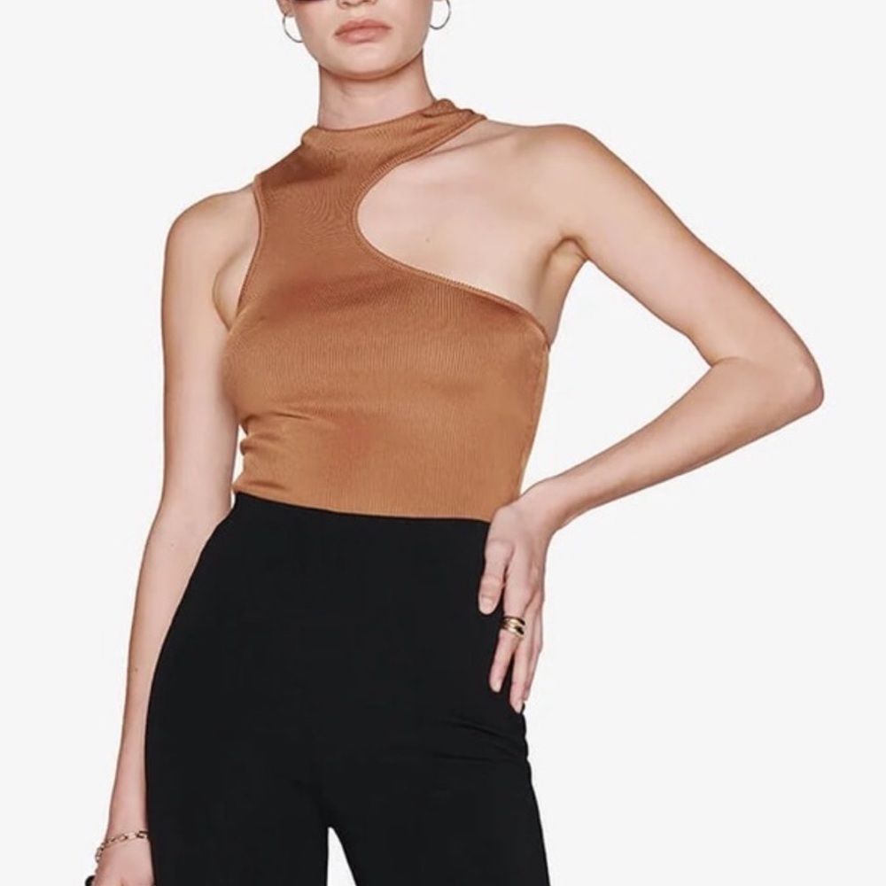 Anine Bing Lesly Asymmetrical ribbed caramel camel tan tank top M medium